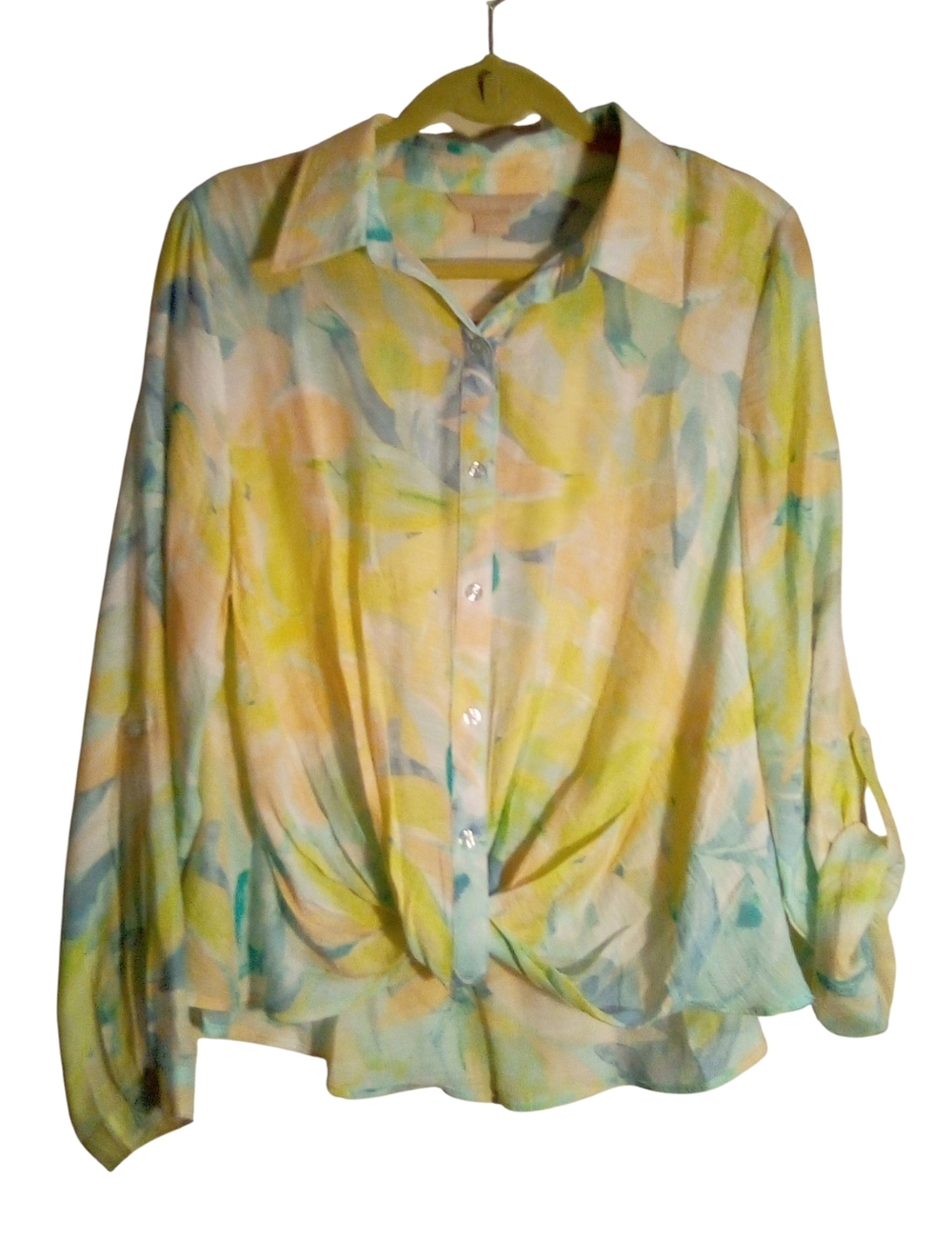 Hope & Harlow Large Blouse Tropical Floral Faux Tie Front Button Up Pullover